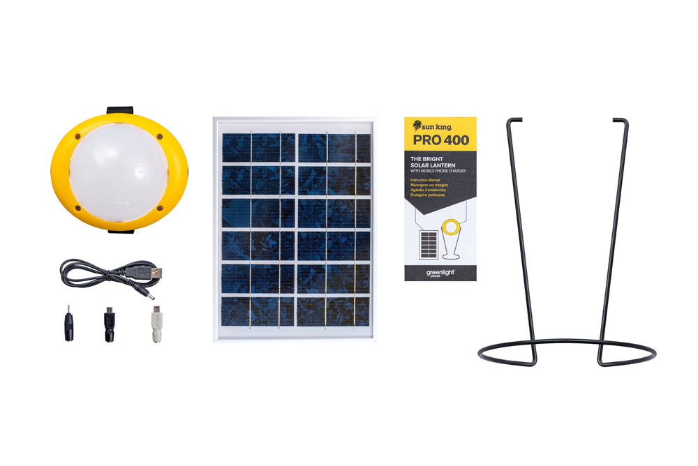 The Sun King Pro comes with handheld light, stand, charging cables and solar panel.